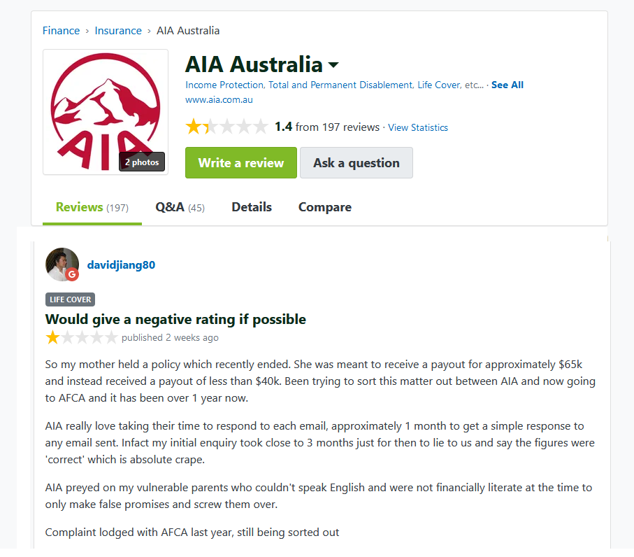 AIA review Australia